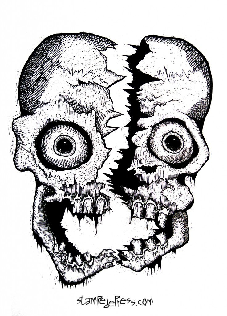 24" x 24" Cleaved Skull Woodcut by John Beckmann of Stampede Press
