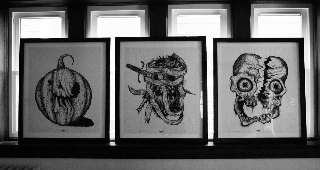 3 Framed halloween Head Woodcuts by John Beckmann