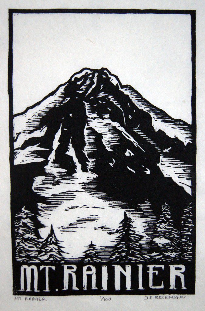 Mt. Rainier Woodcut by John Beckmann of stampede press