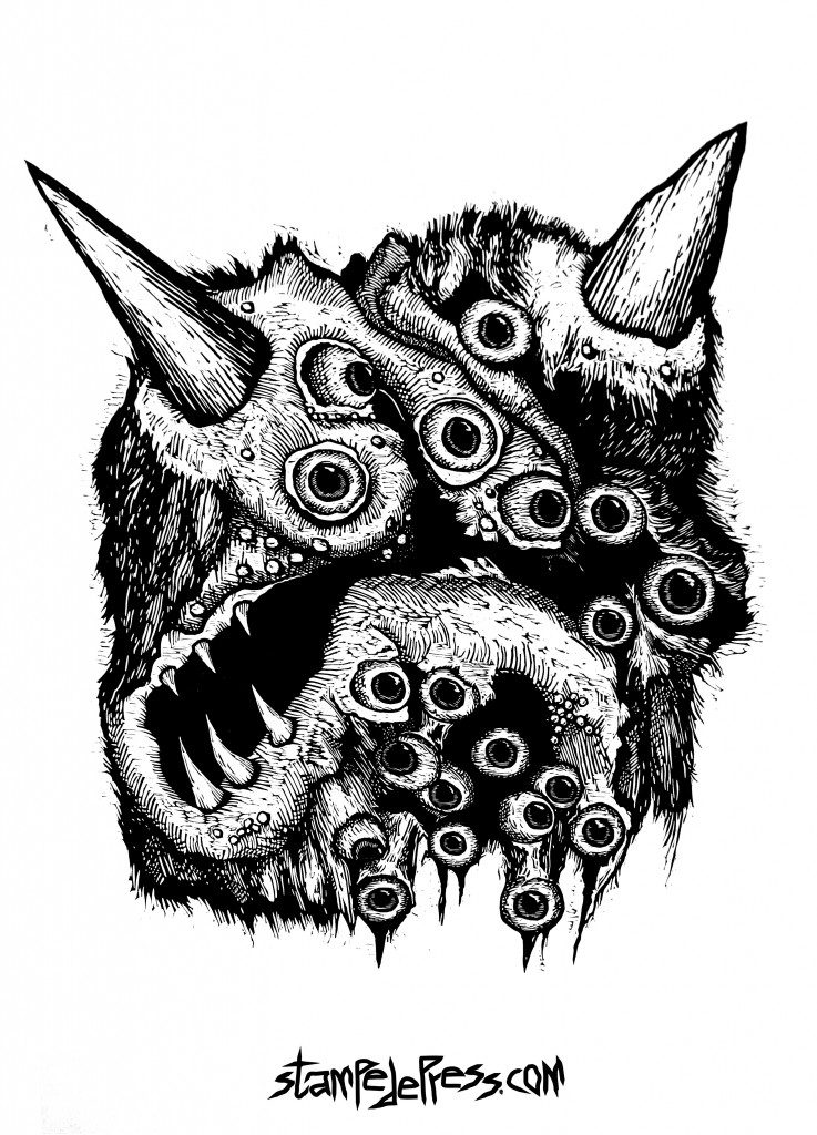 monster eyeball demon woodcut by john beckmann of stampede press