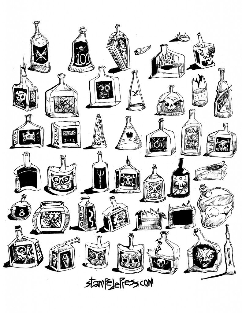 42 alcohol bottles Drawing by Dr. John Beckmann. Stampedepress
