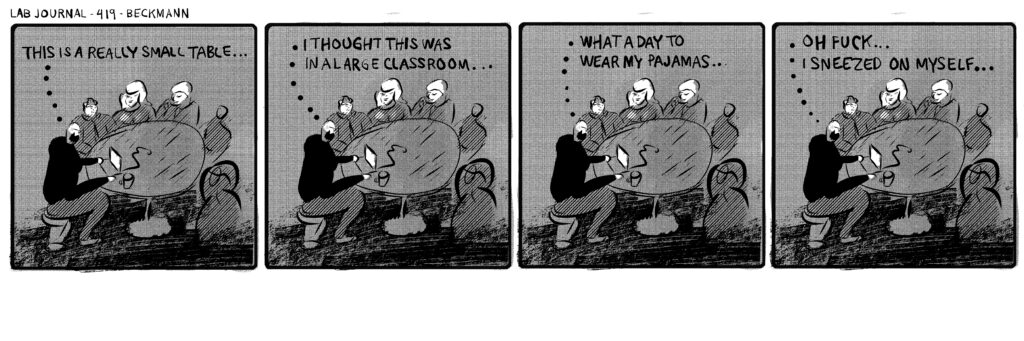 Lab Journal 419. sneeze. cartoon academia. Lab journal web comic by john beckmann.