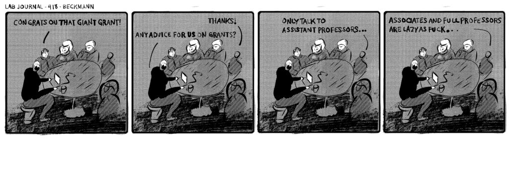Lab Journal 418. grant advice. cartoon academia. Lab journal web comic by john beckmann.